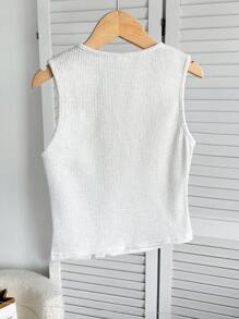 青少年女孩罗纹不对称纽扣开合针织无袖毛衣 - 白色 - 查看 2