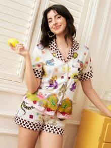 Chillnights 时尚豹纹和鹿纹翻领两件套女士睡衣