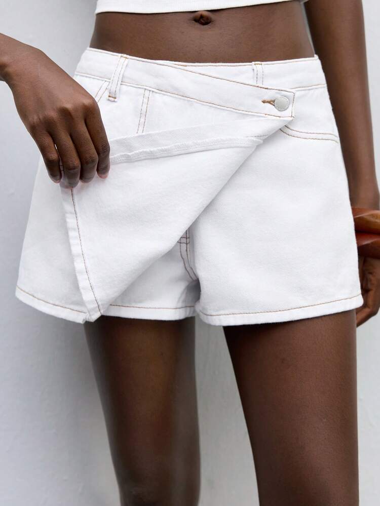 SHEIN Maija Women's White Denim Culottes Casual Low-Rise Mini Skirt Back To School Office Wear