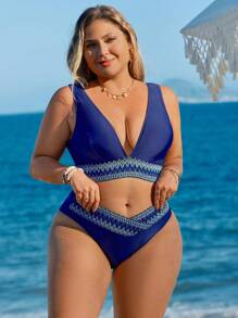 Swim Lushoire Plus Size Women's Summer Solid Fabric Deep V-Neck Patchwork Top With Tape Accent Decor Vacation 2 Pieces Swimsuit - Multicolor - View 3