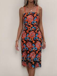 Chiquease 优雅蕾丝修身吊带裙，夏季 - 橘色 - 查看 3