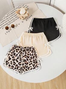 SHEIN 3pcs Baby Girls' Beige,Summer,Cute,Beach Sporty Shorts Set With Bowknot & Leopard Print,Comfortable Casual Activewear For Daily Wear,Spring & Autumn - Multicolor - View 6