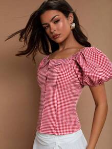 COSMINA 女士纯色和格子图案衬衫，夏季时尚 - 紅色 - 查看 6