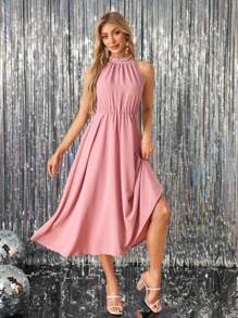 SHEIN Clasi Women's Sleeveless Midi Dress With Pearl Collar Design, Suitable For Wedding, Spring/Summer, Pink