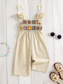 SHEIN Mono holgado y casual minimalista y cómodo para bebé niña con decoración de ganchillo y volantes - Albaricoque - Ver 2