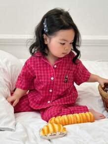 Dazy Kids Baby Girl Plaid Pattern Long Sleeve Top And Pants Homewear Pajamas Set - Hot Pink - View 3