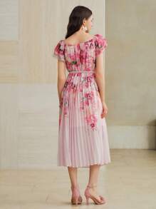 MOTF PREMIUM Vestido plisado con cinturón y estampado floral - Multicolor - Ver 6