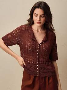 Anewsta 女士优雅镂空针织短袖开衫，春夏 - 酒紅色 - 查看 5