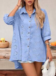 SHEIN VCAY Camicia casual oversize con maniche corte, in colore unito, ricamata e con dettagli traforati, per taglie comode