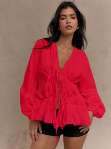 MISSGUIDED Cotton Tie Front Blouse Ruched Detail Puff Sleeve Wrap Top Summer Fall Fashion Everyday Wear Statement Piece Christmas - Red - View 4