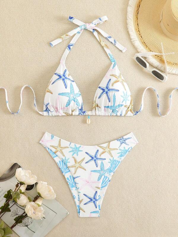 Swim Mod Plus Size Women Summer Starfish Printed Halter Bikini Set With Shell Decor Tankini Swimsuits