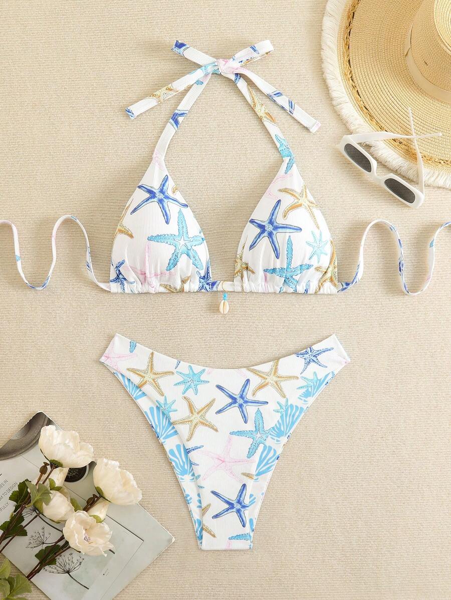 Swim Mod Plus Size Women Summer Starfish Printed Halter Bikini Set With Shell Decor Tankini Swimsuits