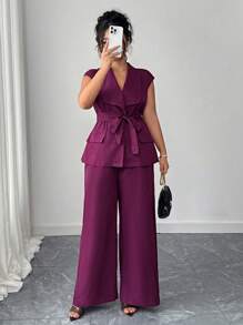 Elenzga 大码女式优雅别致不对称领、喇叭袖西装外套（配腰带）和阔腿裤套装，春夏 - 紫色 - 查看 6