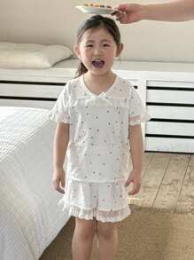 DAZY Kleine Mädchen Erdbeer Allover-Muster Spitzensaum Pyjama-Sets, modische Homewear, Sommer - Weiss - Übersicht 7