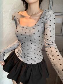 DAZY 秋季新款女士圆点修身T恤