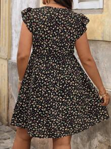 SHEIN VCAY Plus Size Ditsy Floral Print Ruffle Trim Dress Floral Dress Women Summer Floral Dress Floral Summer Dress Black Floral Dress Women Floral Dress - Black - View 2