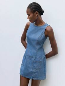 Maija Đầm denim thường ngày không tay cổ tròn mùa hè cho nữ - Rửa trung bình - Xem 5