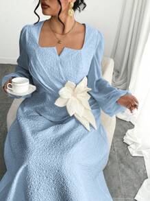 Modelyn Plus Size Women's Textured Fabric Summer Regular Shoulder Lantern Sleeve V-Neck Pleated Midi Dress Fall Cloth For Women - Blue - View 5