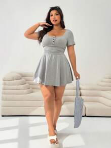 Solflare 大码女式夏季纯色方领短袖休闲连体裤 - 灰色 - 查看 4