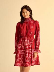 CAJUNI Casual Long Sleeve Printed Shift Mini Dress For Women - Red - View 3