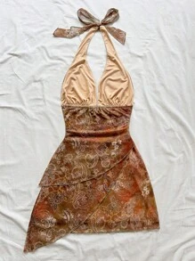 Soleia Sexy Retro Ombre Halter V-Neck Tie-Up Mesh Ruched Asymmetrical Hem Romantic Vacation Mini Dress For Women