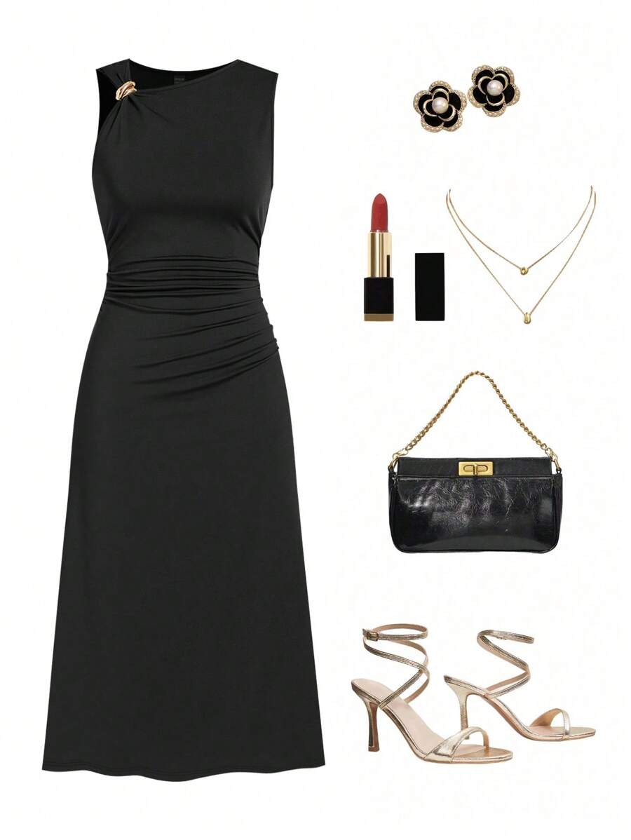 Ellevyn 女式无袖金属装饰荷叶边针织修身中长连衣裙，优雅日常通勤装，黑色，春夏季