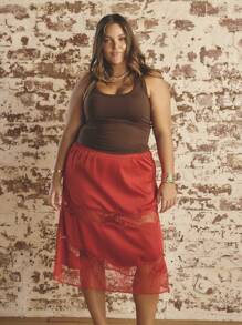 SHEIN Aralina-E Plus Size Women's Solid Color Elastic Waist Contrast Lace Elegant A-Line Skirt - Red - View 4