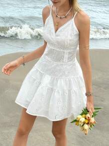 SHEIN Bubbli 2025 Vestido corto de mujer de moda con aplicaciones de encaje, vestido blanco