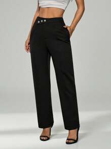 SHEIN PETITE Women's Solid Minimalist Basic Button Front Pants - Black - View 1