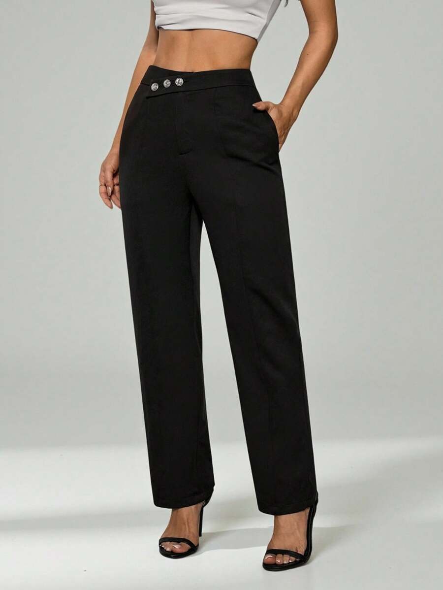 SHEIN PETITE Women's Solid Minimalist Basic Button Front Pants - Black - View 1