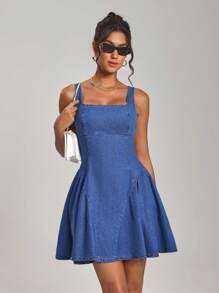 SHEIN Tall 女士休闲露背系带无袖牛仔连衣裙，适合日常穿着 - 藍色 - 查看 7