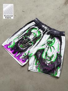Manfinity EMRG Men's Casual Flame & Portrait Pattern Drawstring Waist Shorts, Summer - Multicolor - View 1