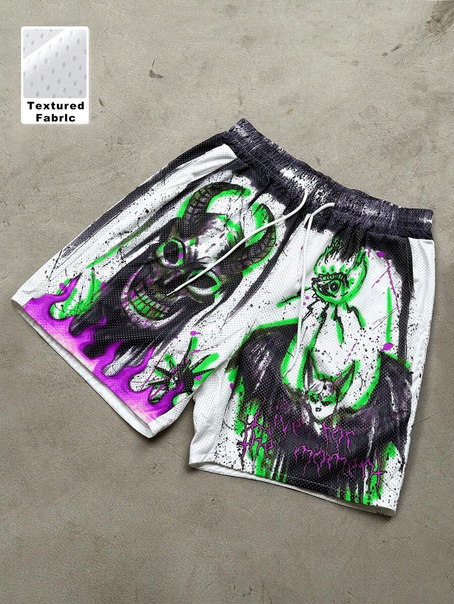 Manfinity EMRG Men's Casual Flame & Portrait Pattern Drawstring Waist Shorts, Summer - Multicolor - View 1