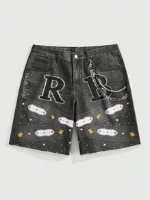 ROMWE MEN Street Life Men's Street Graphic Print Denim Shorts, Suitable For Casual Wear In Spring And Summer
