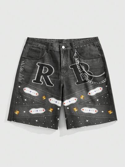 Street Life شورتات جينز مطبوع عليها رسومات شوارع للرجال، مناسب للارتداء الكاجوال في فصلي الربيع والصيف