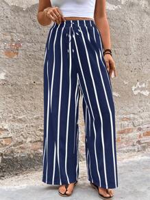 Breezaya Plus Size Old Money Style Symbol Casual Fashion Holiday Textured Black & White Striped Straight Leg Trousers Fall Cloth For Women