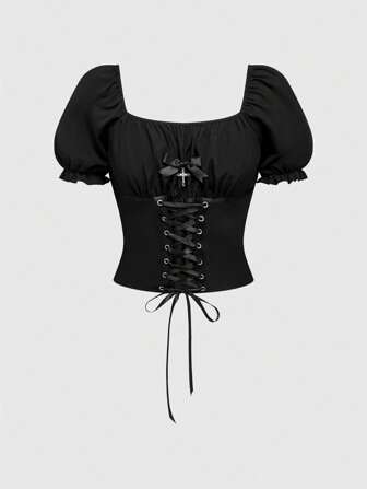 Goth Dark Gothic Style Vintage Bow Tie Front Lace-Up Design Waist Cinched Women Blouse