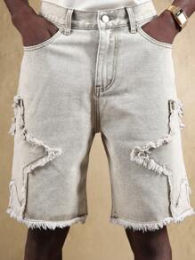 SUMWON Pantalones cortos bermuda de mezclilla desgastados con estampado de estrella, borde crudo, uso casual de verano, ropa de calle, festivales y playa