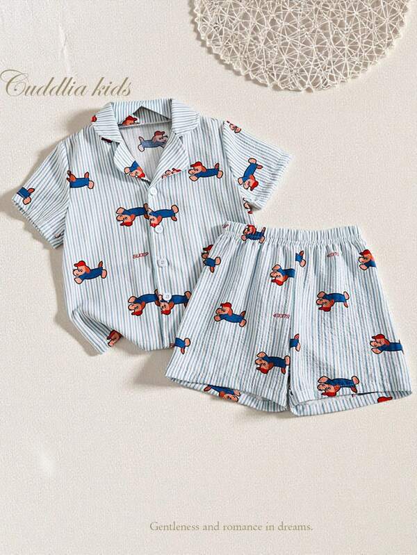 2pcs/Set Young Boy Striped Car Pattern Woven Polo Collar Short Sleeve & Shorts Home Clothing Set