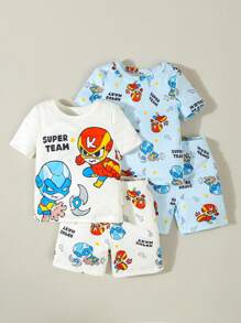 Set da 4 pezzi di pigiama per bambini piccoli, composto da maglietta a maniche corte e pantaloncini con stampa di supereroi e cartoni animati, morbido e confortevole
