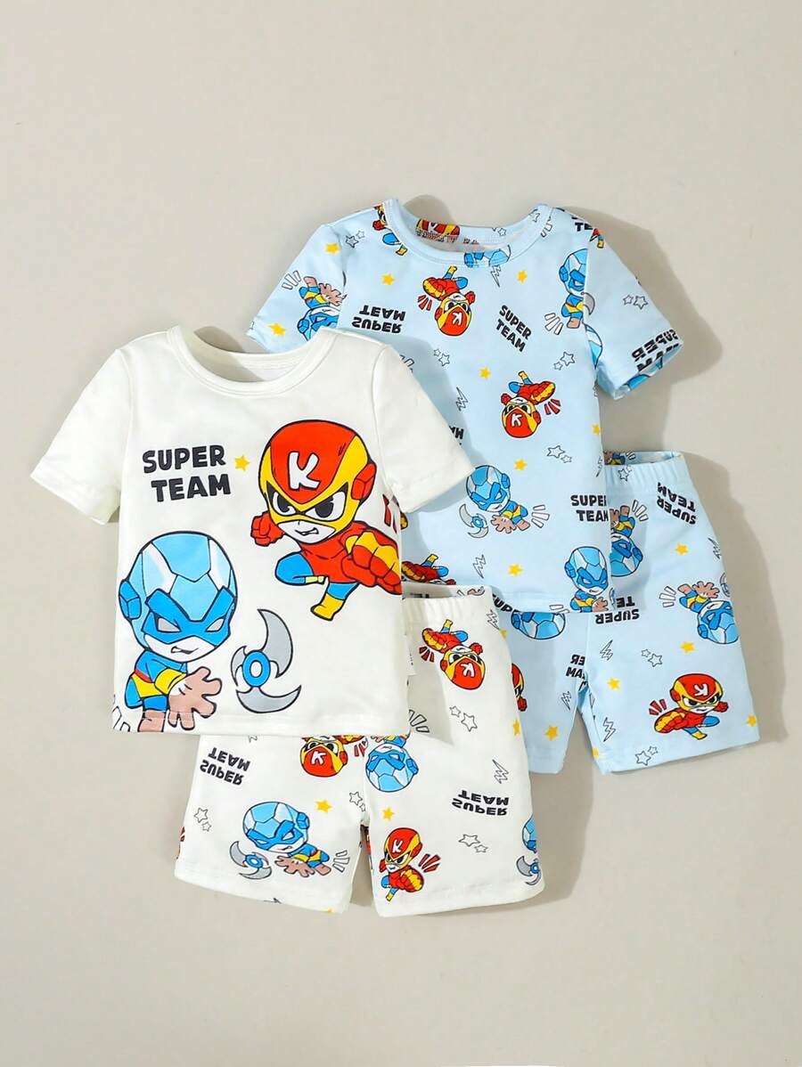 Set da 4 pezzi di pigiama per bambini piccoli, composto da maglietta a maniche corte e pantaloncini con stampa di supereroi e cartoni animati, morbido e confortevole