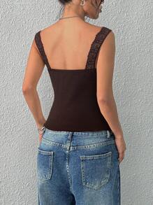 SHEIN EZwear Women's Casual Solid Color Ruffled Lace Camisole, Summer Brown - Brown - View 2
