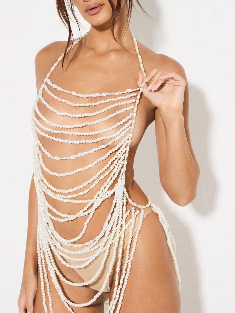 KIZN Pearl String Beach Cover Up Dress Festival Beachwear Draped Body Chain Summer Pool Party Resort Wear
