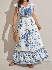 Comfylo Abito lungo stile cinese blu e bianco a fantasia, taglia larga, abiti bohémien estivi