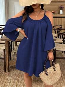 SHEIN Holidaya Große Größen Rundhalsausschnitt Geraffte Falten Split Flare 7/8 Ärmel Einfaches Casual A-Linien-Kleid Damen Kurze Kleider Sommer Damen Plus Sonnenkleid Damen Sommerkleidung Damen S Sommerkleidung Arbeitssommerkleider