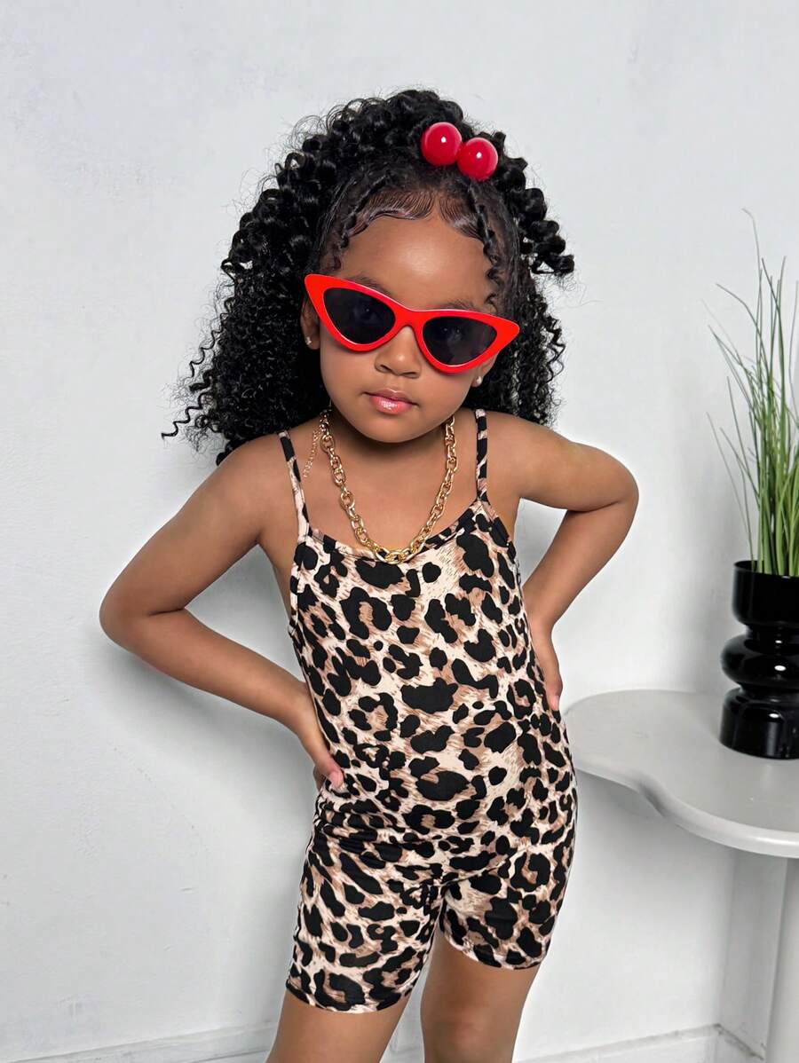 Tween Girls' Casual Street Fashion Leopard Print Jumpsuit