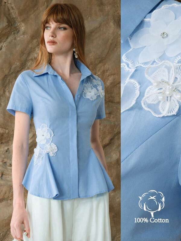 Arave Women's 100% Cotton Short Sleeve Button Down Elegant  Cinched Waist 3D Floral Decor Blouse,Baby Blue Top,Teacher Cloth ,Teacher  Shirt,Going Out Tops Women,Summer Tops,Tops For Women,Business Casual Woman,Women Summer Clothes,Blue Top