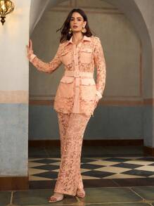 ZEYLAH 2pcs Set: Lace Utility Pocket Long Sleeve Shacket & Lace Wide Leg Pants - Pink - View 1