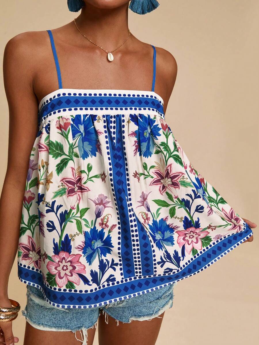 Travachic Women's Colorful Floral Print Camisole,Vacation Outfits Woman,Vacay Outfits Women,Beach Vacation Outfits,Summer Outfits For Women,Summer Tops