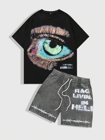 Street Life Men's Street Eye Graphic Short Sleeve T-Shirt And Letter Printed Drawstring Waist Shorts Set